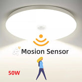 Ceiling light with Mosion Sensor logo and text indicating 50W power rating.